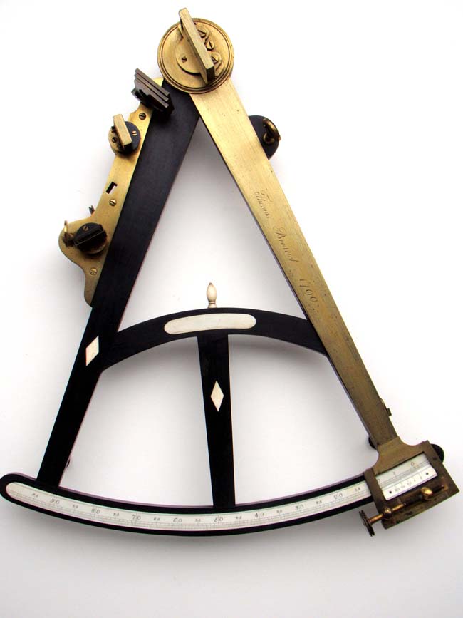 A fine and rare 18th Century ivory inlaid and brass mounted ebony Octant     having its 18 1/4" index arm engraved "Thomas Broderick 1790." — image 2